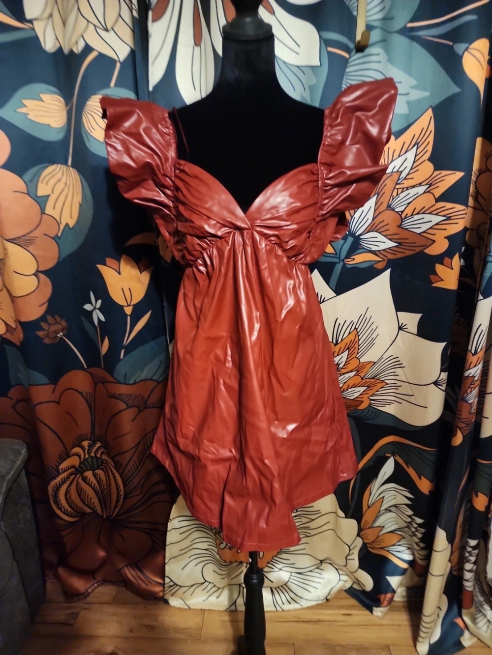 Rust Red Puff-Sleeve Vegan Leather Tunic Dress
